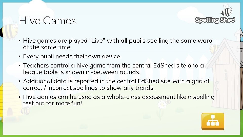 Hive Games • Hive games are played ”Live” with all pupils spelling the same