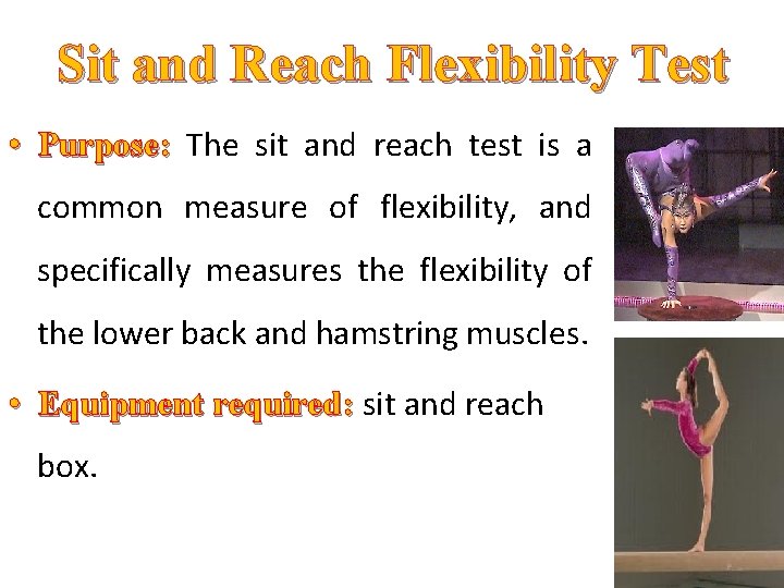 Sit and Reach Flexibility Test • Purpose: The sit and reach test is a