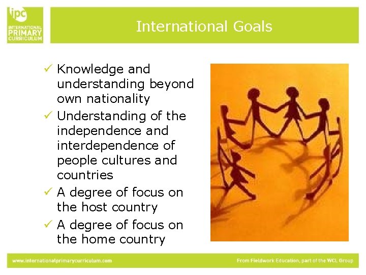 International Goals ü Knowledge and understanding beyond own nationality ü Understanding of the independence