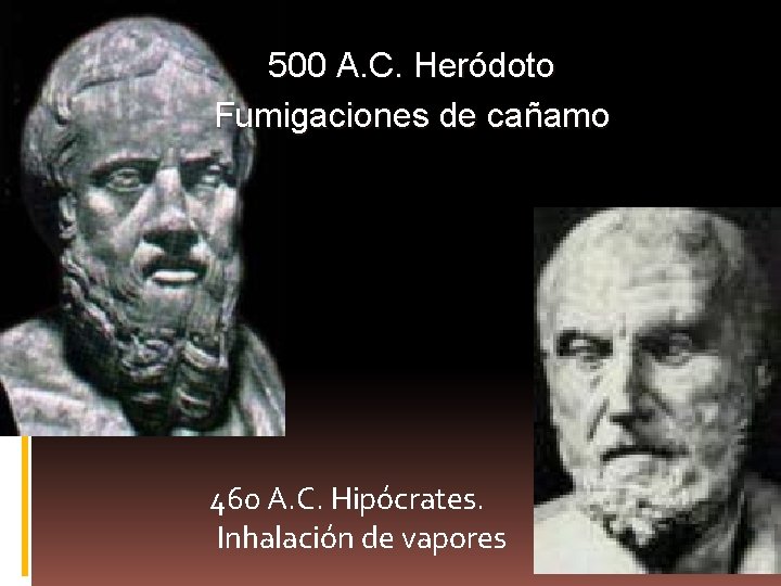 500 A. C. Heródoto Fumigaciones de cañamo 460 A. C. Hipócrates. Inhalación de vapores