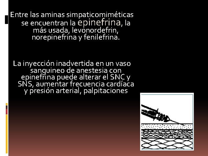Entre las aminas simpaticomiméticas se encuentran la epinefrina, la más usada, levonordefrin, norepinefrina y