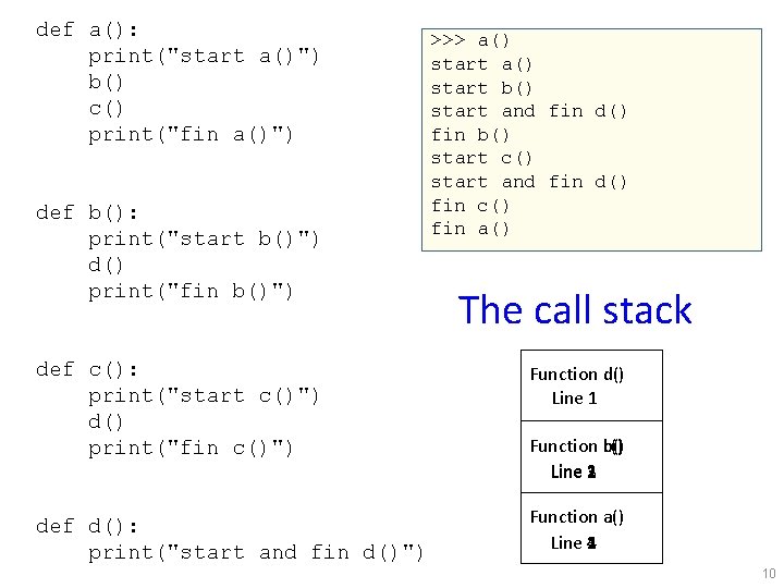 def a(): print("start a()") b() c() print("fin a()") def b(): print("start b()") d() print("fin