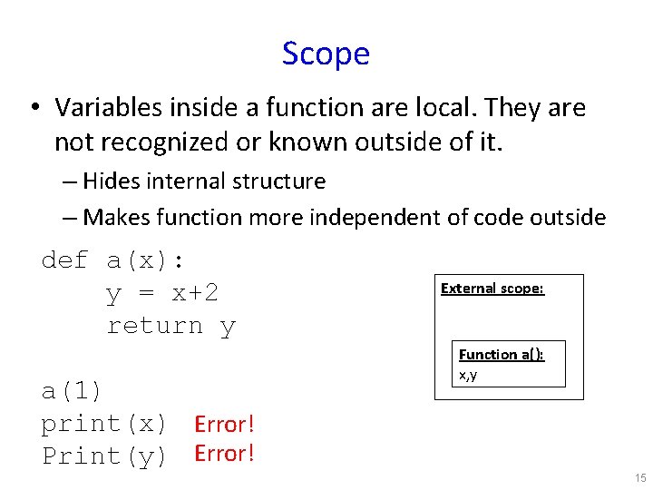 Scope • Variables inside a function are local. They are not recognized or known