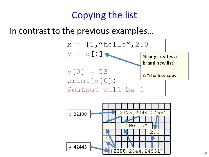 Copying the list In contrast to the previous examples… x = [1, ”hello”, 2.