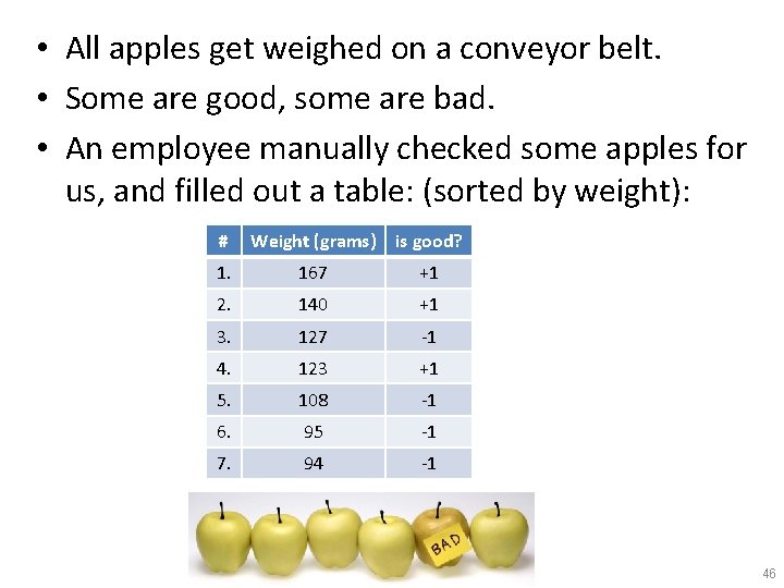  • All apples get weighed on a conveyor belt. • Some are good,