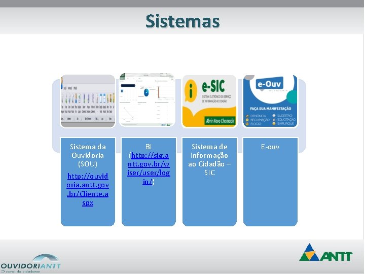 Sistemas Sistema da Ouvidoria (SOU) http: //ouvid oria. antt. gov. br/Cliente. a spx BI