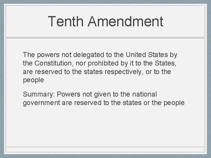 Tenth Amendment The powers not delegated to the United States by the Constitution, nor
