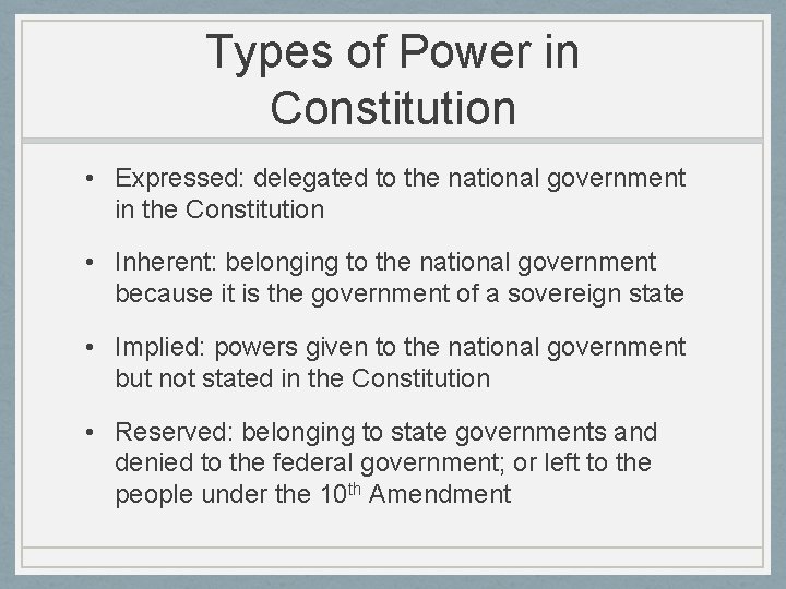 Types of Power in Constitution • Expressed: delegated to the national government in the