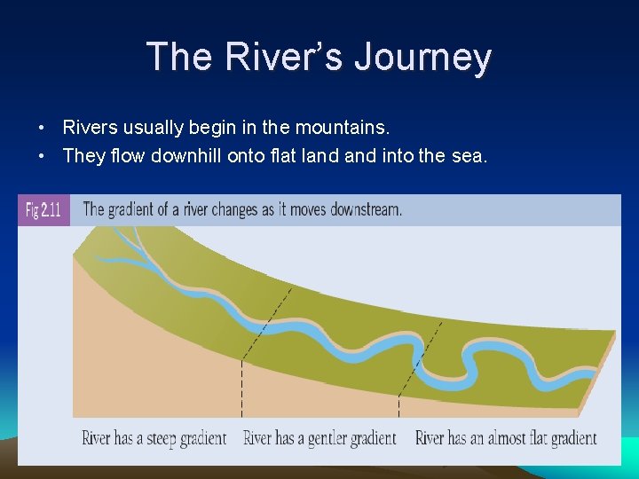 The River’s Journey • Rivers usually begin in the mountains. • They flow downhill