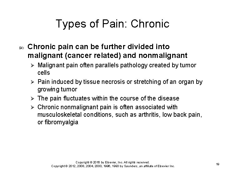 Types of Pain: Chronic pain can be further divided into malignant (cancer related) and