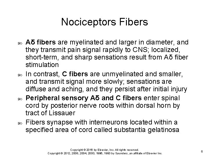 Nociceptors Fibers Aδ fibers are myelinated and larger in diameter, and they transmit pain