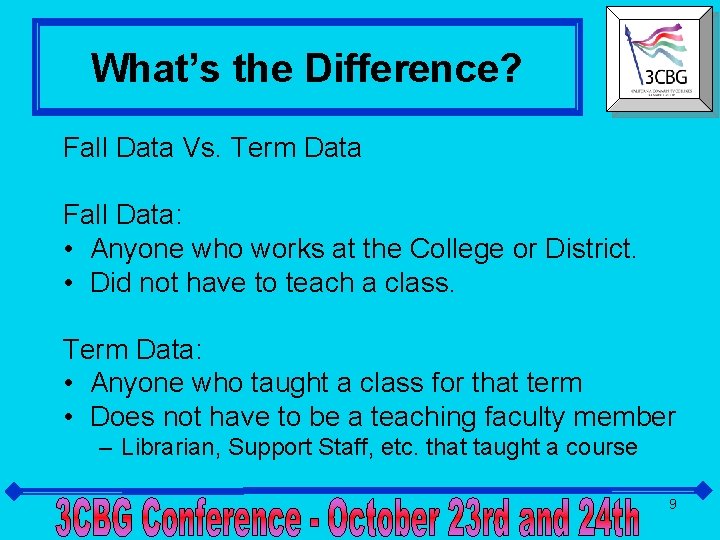 What’s the Difference? Fall Data Vs. Term Data Fall Data: • Anyone who works