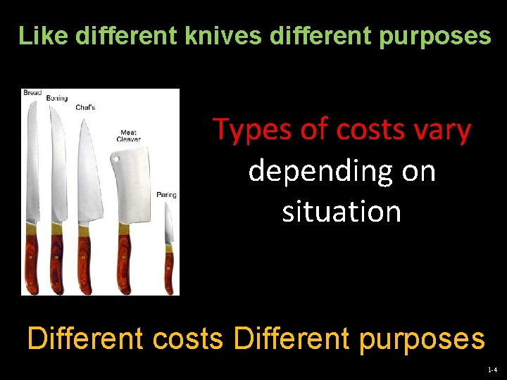 Like different knives different purposes Types of costs vary depending on situation Different costs
