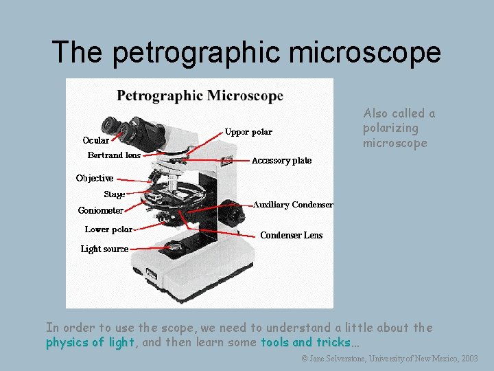 The petrographic microscope Also called a polarizing microscope In order to use the scope,