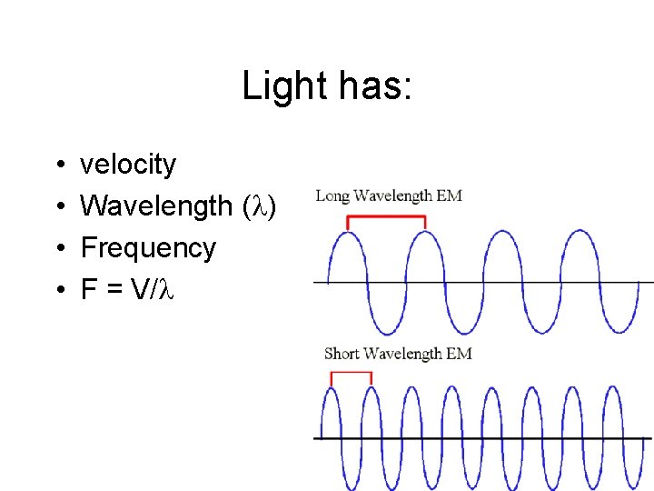 Light has: • • velocity Wavelength ( ) Frequency F = V/ 