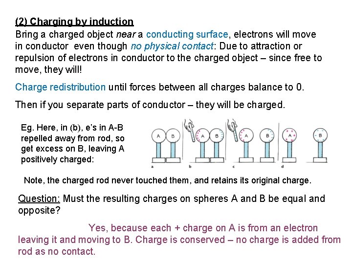 (2) Charging by induction Bring a charged object near a conducting surface, electrons will