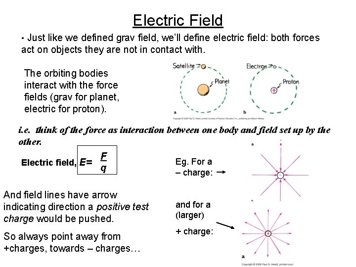 Electric Field • Just like we defined grav field, we’ll define electric field: both