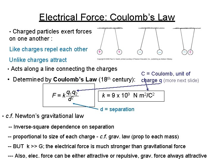 Electrical Force: Coulomb’s Law • Charged particles exert forces on one another : Like