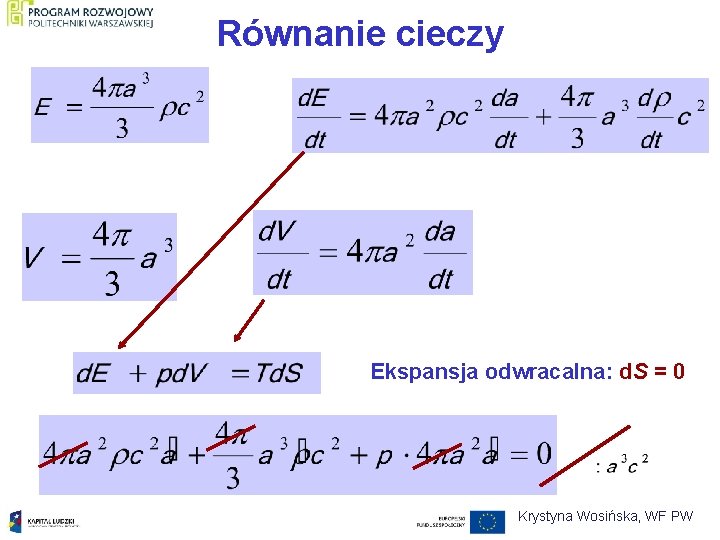 Równanie cieczy Ekspansja odwracalna: d. S = 0 Krystyna Wosińska, WF PW 