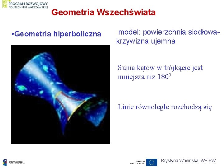 Geometria Wszechświata • Geometria hiperboliczna model: powierzchnia siodłowakrzywizna ujemna Suma kątów w trójkącie jest