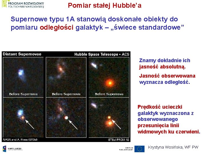 Pomiar stałej Hubble’a Supernowe typu 1 A stanowią doskonałe obiekty do pomiaru odległości galaktyk