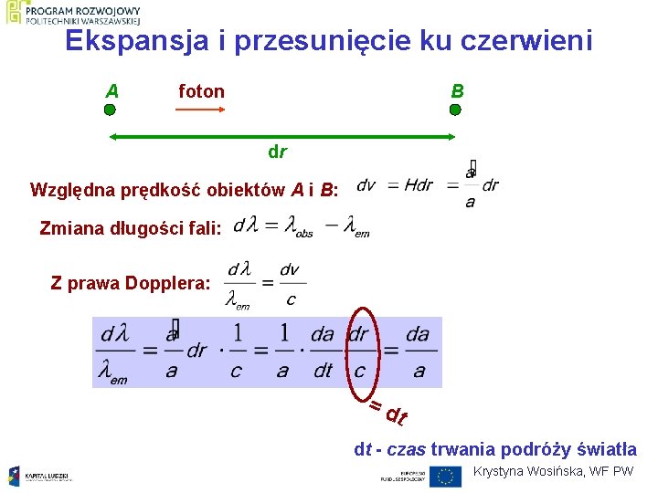 Ekspansja i przesunięcie ku czerwieni A foton B dr Względna prędkość obiektów A i