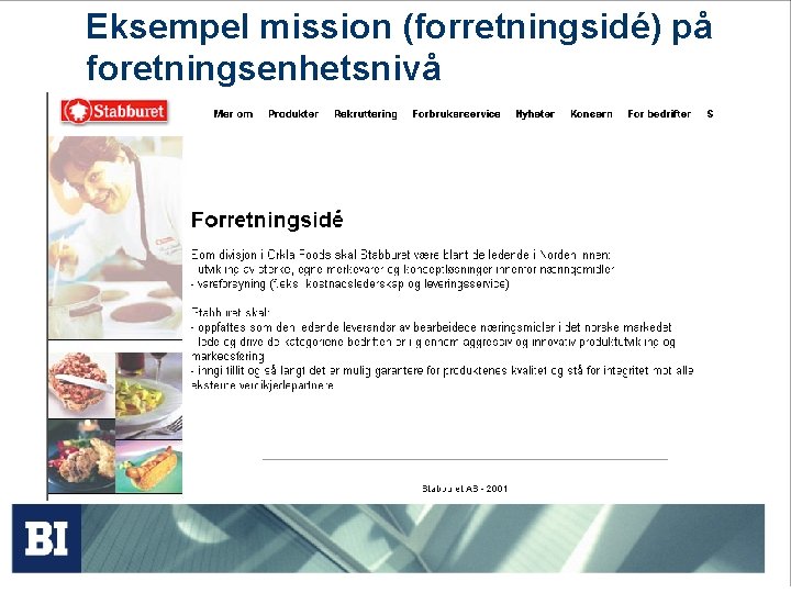 Eksempel mission (forretningsidé) på foretningsenhetsnivå Eksempel mission (forretningsidé) på foretningsenhetsnivå