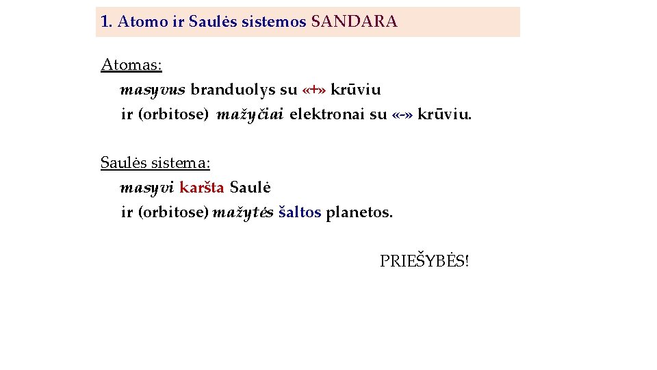 1. Atomo ir Saulės sistemos SANDARA Atomas: masyvus branduolys su «+» krūviu ir (orbitose)