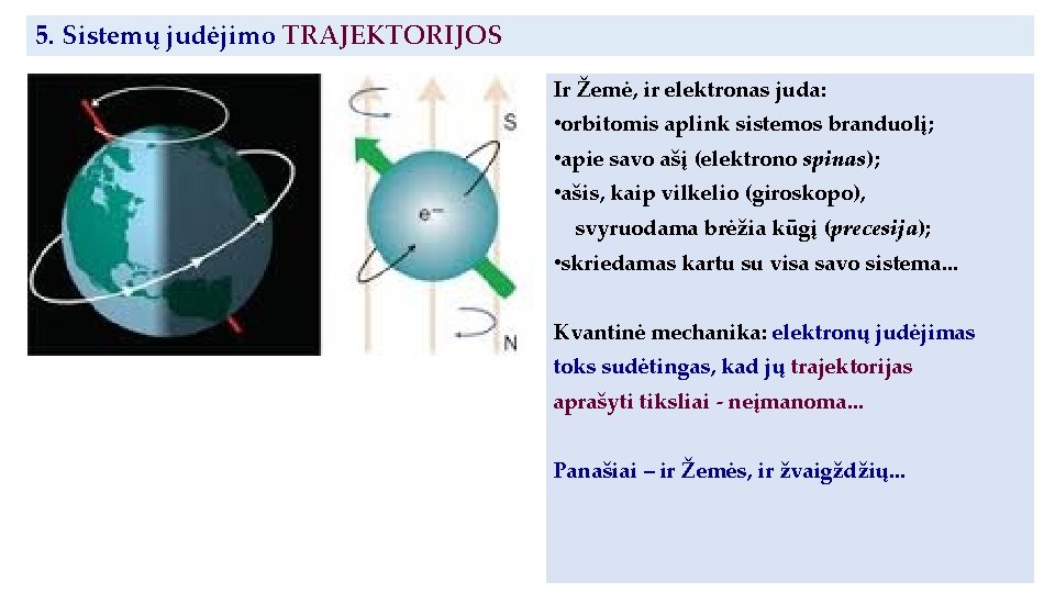 5. Sistemų judėjimo TRAJEKTORIJOS Ir Žemė, ir elektronas juda: • orbitomis aplink sistemos branduolį;