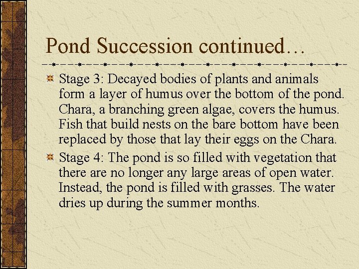 Pond Succession continued… Stage 3: Decayed bodies of plants and animals form a layer