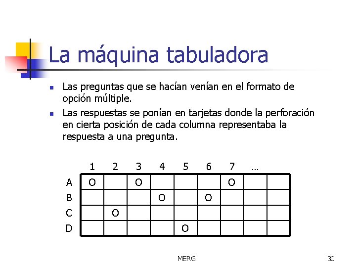 La máquina tabuladora n n Las preguntas que se hacían venían en el formato