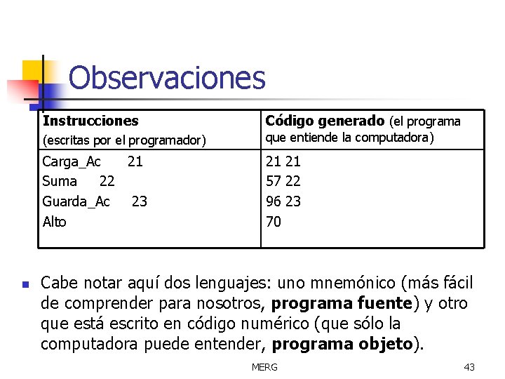 Observaciones Instrucciones n Código generado (el programa (escritas por el programador) que entiende la