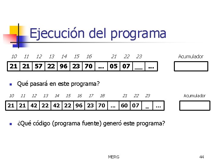 Ejecución del programa 10 11 12 13 14 15 16 21 22 23 Acumulador