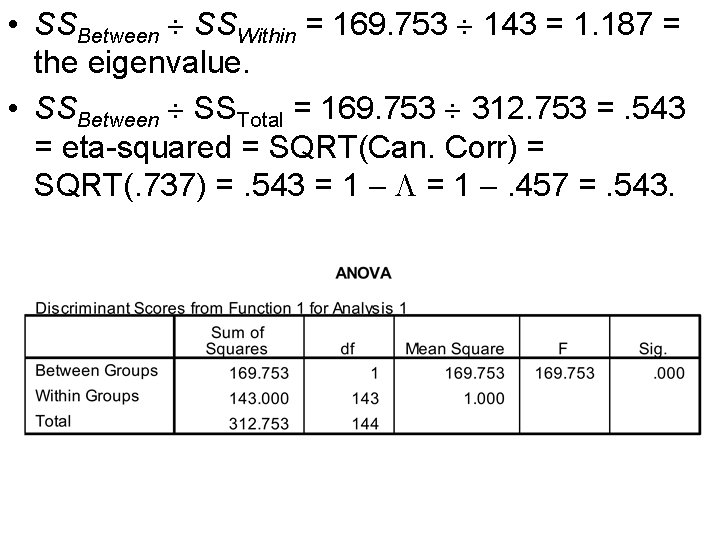 • SSBetween SSWithin = 169. 753 143 = 1. 187 = the eigenvalue. • SSBetween SSWithin = 169. 753 143 = 1. 187 = the eigenvalue.