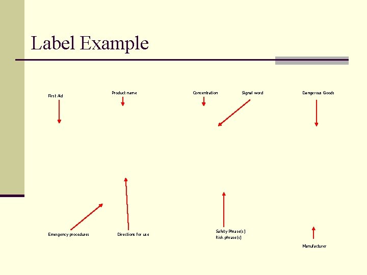 Label Example First Aid Emergency procedures Product name Directions for use Concentration Signal word