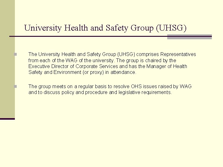 University Health and Safety Group (UHSG) n The University Health and Safety Group (UHSG)