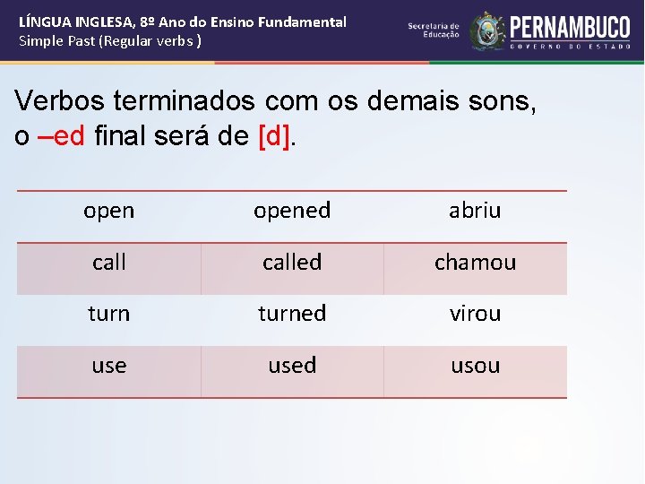 LÍNGUA INGLESA, 8º Ano do Ensino Fundamental Simple Past (Regular verbs ) Verbos terminados