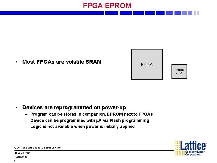 FPGA EPROM • Most FPGAs are volatile SRAM FPGA EPROM or P • Devices