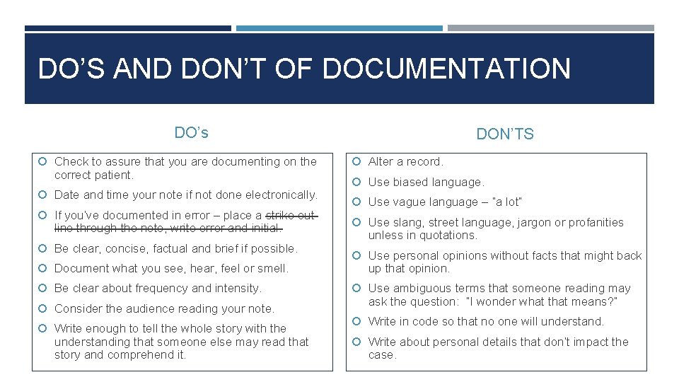 DO’S AND DON’T OF DOCUMENTATION DO’s Check to assure that you are documenting on DO’S AND DON’T OF DOCUMENTATION DO’s Check to assure that you are documenting on
