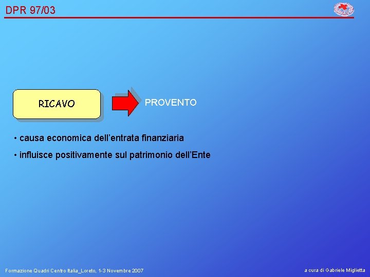 DPR 97/03 RICAVO PROVENTO • causa economica dell’entrata finanziaria • influisce positivamente sul patrimonio
