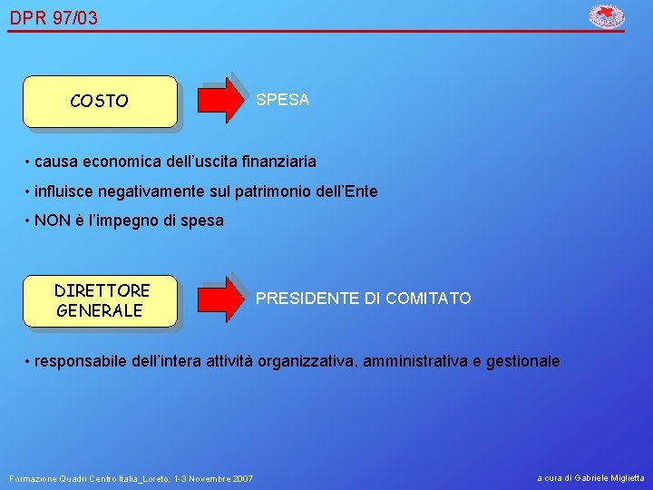DPR 97/03 COSTO SPESA • causa economica dell’uscita finanziaria • influisce negativamente sul patrimonio