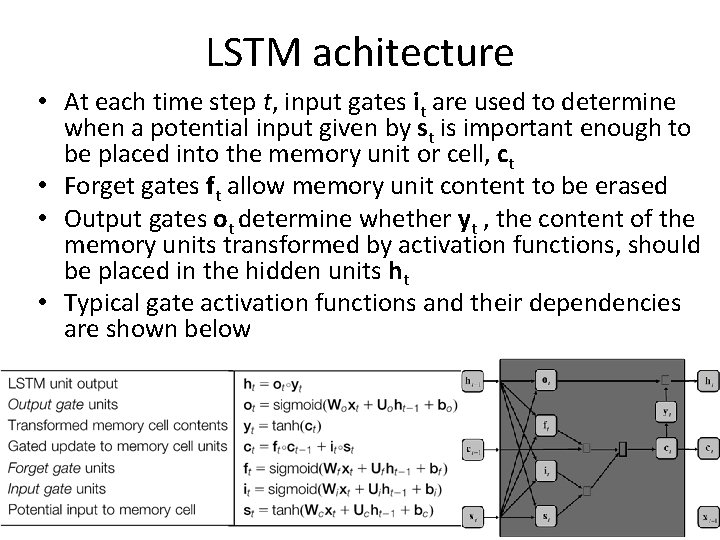 LSTM achitecture • At each time step t, input gates it are used to