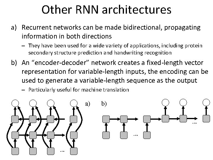 Other RNN architectures a) Recurrent networks can be made bidirectional, propagating information in both