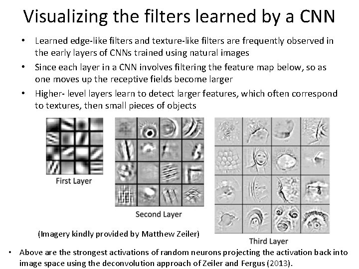 Visualizing the filters learned by a CNN • Learned edge-like filters and texture-like filters
