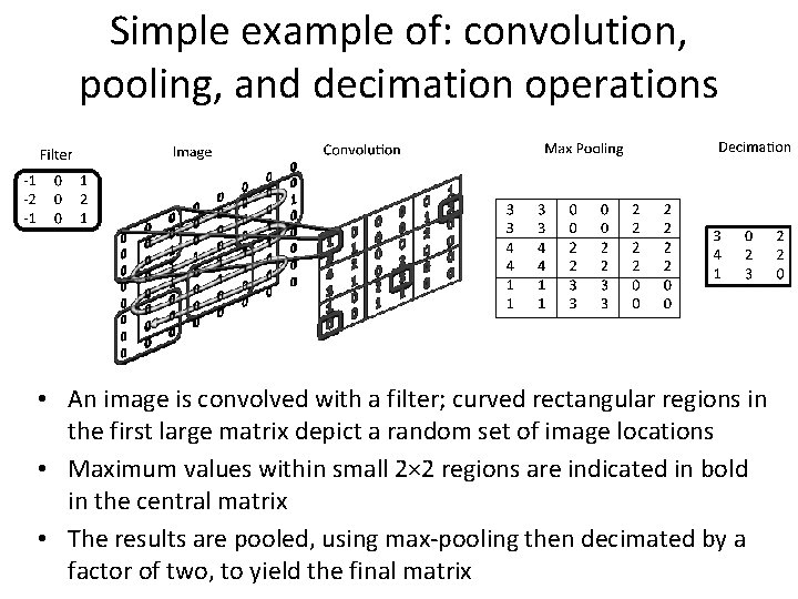 Simple example of: convolution, pooling, and decimation operations • An image is convolved with