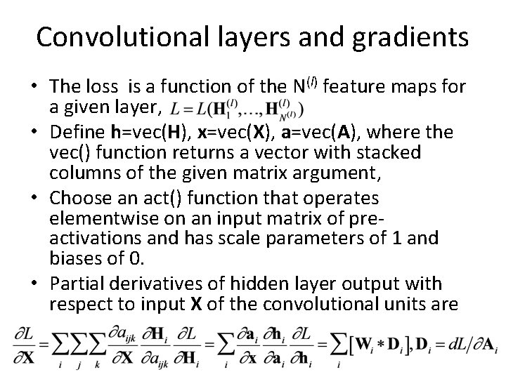 Convolutional layers and gradients • The loss is a function of the N(l) feature