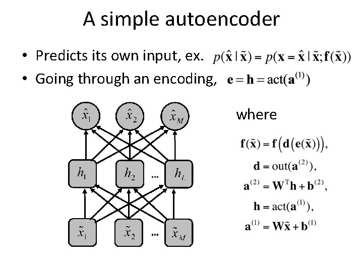 A simple autoencoder • Predicts its own input, ex. • Going through an encoding,