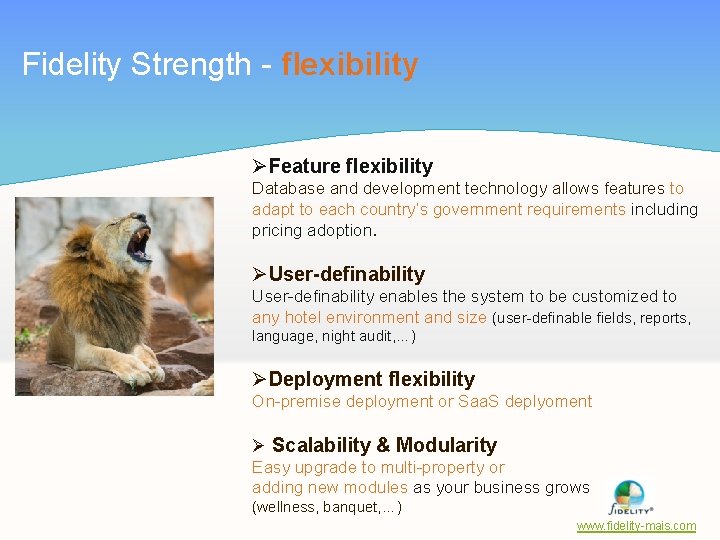 Fidelity Strength - flexibility ØFeature flexibility Database and development technology allows features to adapt