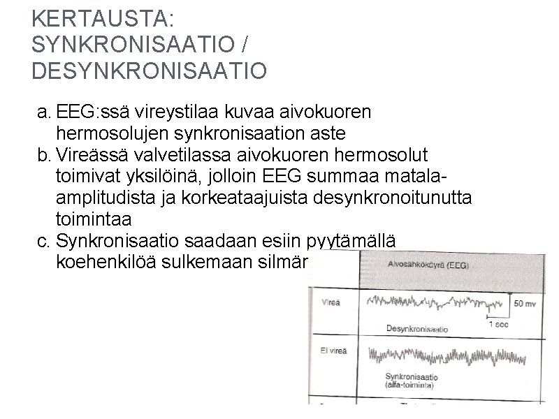 KERTAUSTA: SYNKRONISAATIO / DESYNKRONISAATIO a. EEG: ssä vireystilaa kuvaa aivokuoren hermosolujen synkronisaation aste b. KERTAUSTA: SYNKRONISAATIO / DESYNKRONISAATIO a. EEG: ssä vireystilaa kuvaa aivokuoren hermosolujen synkronisaation aste b.