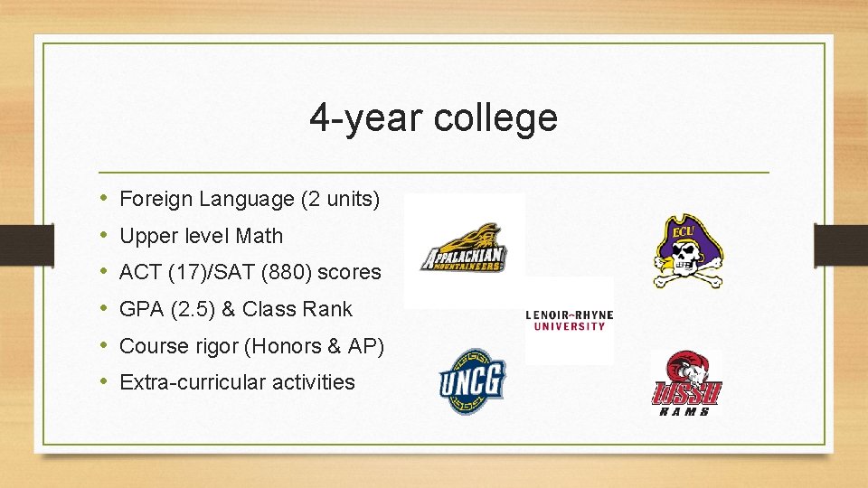 4 -year college • • • Foreign Language (2 units) Upper level Math ACT